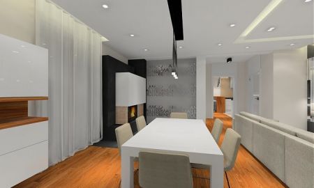 Elegancki przestronny dom, na podłodze deski z orzecha