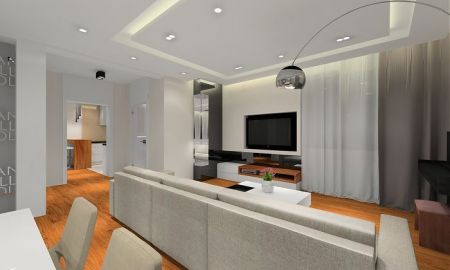 Elegancki przestronny dom, na podłodze deski z orzecha