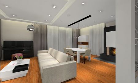 Elegancki przestronny dom, na podłodze deski z orzecha