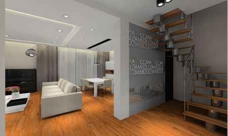 Elegancki przestronny dom, na podłodze deski z orzecha