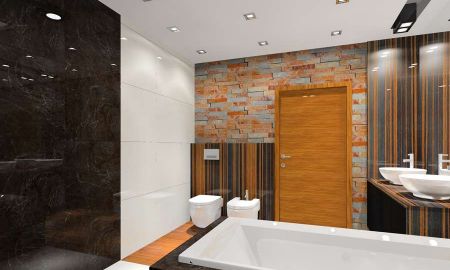 projekt łazienki, fornir heban połączony se ścianą z dekoracyjnej cegły - MKdezere projektowanie wnętrz