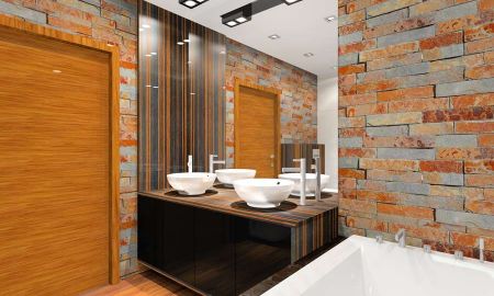 projekt łazienki, fornir heban połączony se ścianą z dekoracyjnej cegły - MKdezere projektowanie wnętrz
