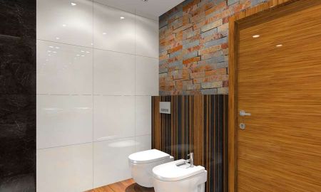 projekt łazienki, fornir heban połączony se ścianą z dekoracyjnej cegły - MKdezere projektowanie wnętrz