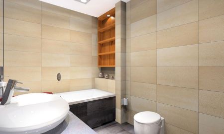 Kontrastowe zestawienie płytek jasnych z szarymi. MKdezere - projektowanie wnętrz