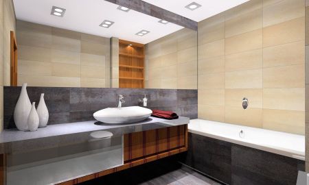 Kontrastowe zestawienie płytek jasnych z szarymi. MKdezere - projektowanie wnętrz