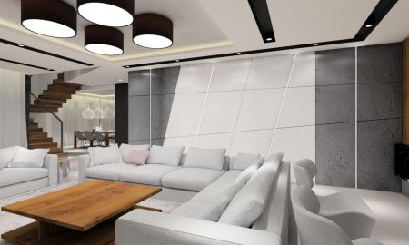 Aranżacja salonu w domu jednorodzinnym utrzymana w szarej kolorystyce. Jedna ze ścian została pokryta płytami betonowymi w dwóch odcieniach szarości.