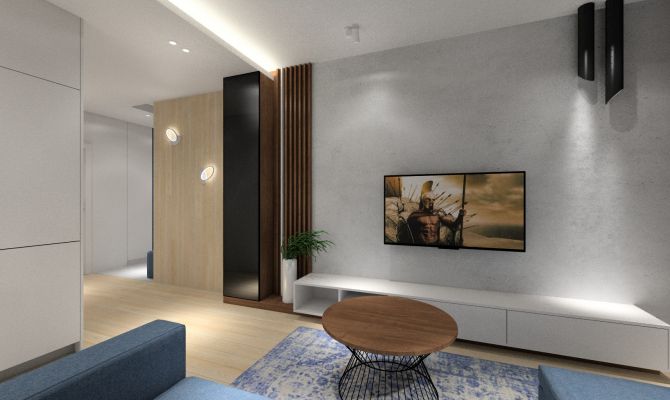 Nowoczesna witryna w salonie, beton na ścianie, panele podłogowe na ścianie. Telewizor wiszący na ścianie z betonu architektonicznego.