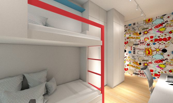 Kolorowa fototapeta w pokoju dla chłopców, łóżko piętrowe, duże szafy.