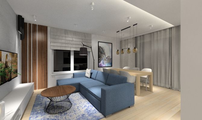 Aranżacja salonu z jadalnią. Niebieski narożnik, duży stół z krzesłami w otwartym salonie. Na ścianie, dekoracyjne lamele w kolorze orzecha.