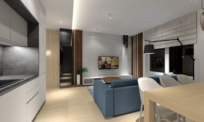 Nowoczesny salon ze ścianą z betonu architektonicznego połączonego z drewnem orzecha i czernią. Dekoracyjne oświetlenie salonu.