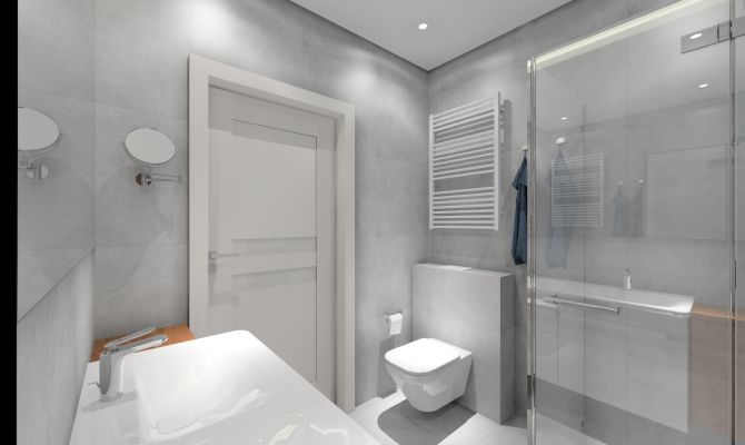 Aranżacja łazienki z podwójną umywalką i kabiną prysznicową. Elementem dekoracyjnym jest graficzna ściana pod prysznicem.