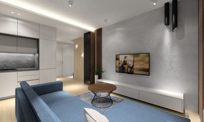 Aranżacja nowoczesnej ściany z telewizorem, beton, ciemne drewno, drewno dębowe i biel. Narożnik w niebieskiej tkaninie. 