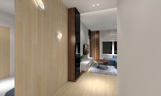 Dekoracja na ścianie z paneli podłogowych, kinkiety na ścianie.