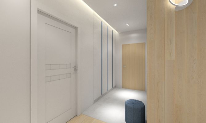 Hol w mieszkaniu z dużymi białymi szafami. Sufit podwieszany z ukrytym oświetleniem led.