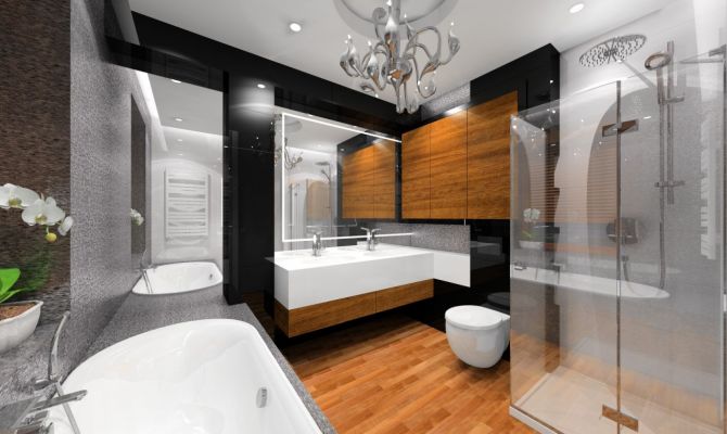 W łazience zastosowano piękne srebrne płytki Porcelanosa Madison Plata które połączono z bielą i drewnem teak.