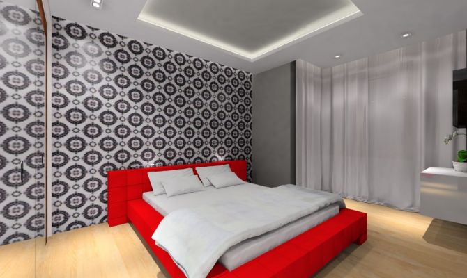 Projekt nowoczesnej sypialni, na ścianie tapeta eijffinger black and white.