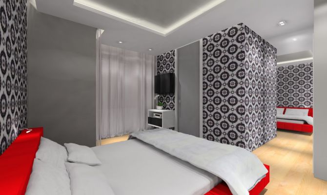 Projekt nowoczesnej sypialni, na ścianie tapeta eijffinger black and white.