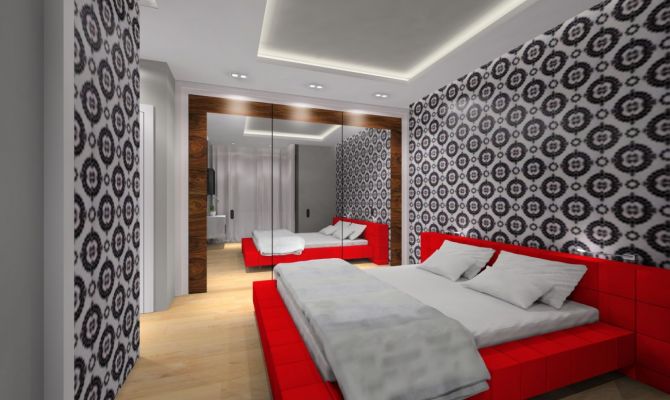 Projekt nowoczesnej sypialni, na ścianie tapeta eijffinger black and white.