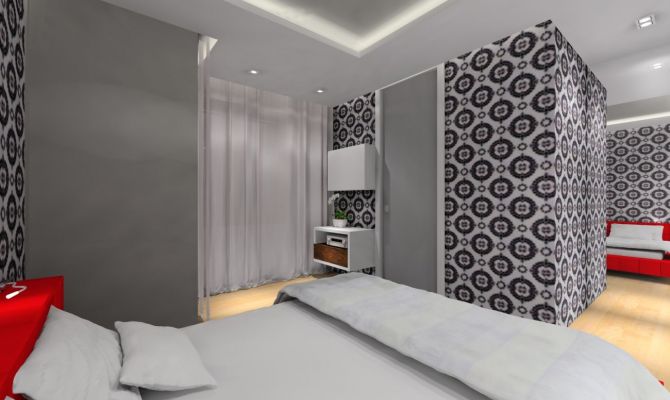 Projekt nowoczesnej sypialni, na ścianie tapeta eijffinger black and white.