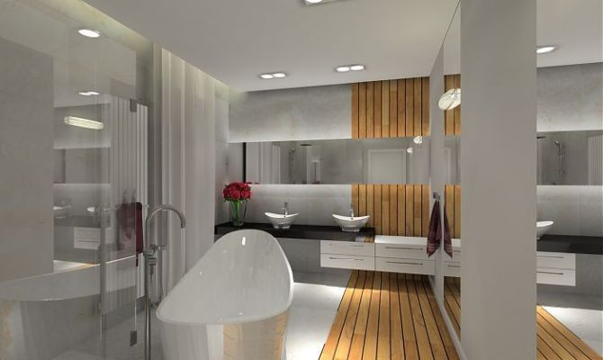 Łazienka z wanną wolno stojącą, trawertyn oraz teak