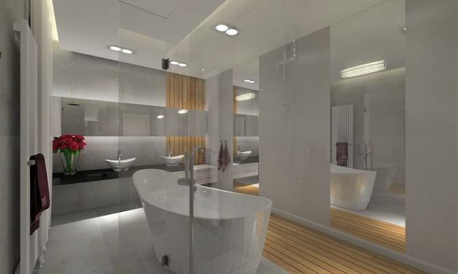 W łazience zastosowano deskę warstwową teak na ogrzewanie podłogowe.