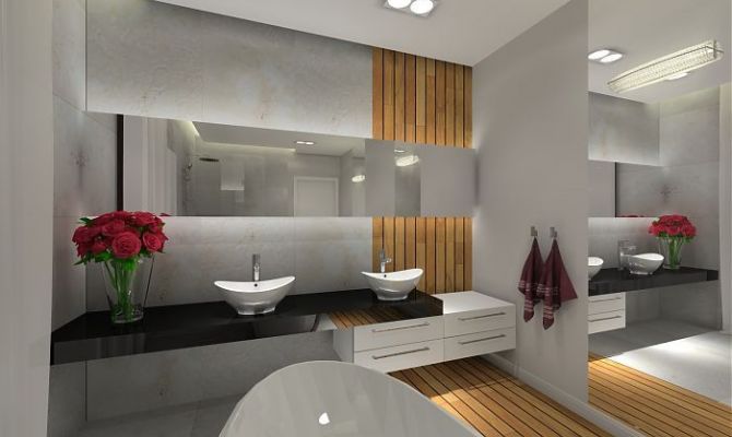 Łazienka z wanną wolno stojącą, płytki z trawertynu oraz teak