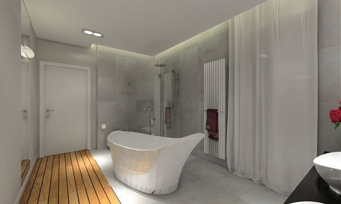 Łazienka z wanną wolno stojącą, trawertyn oraz teak