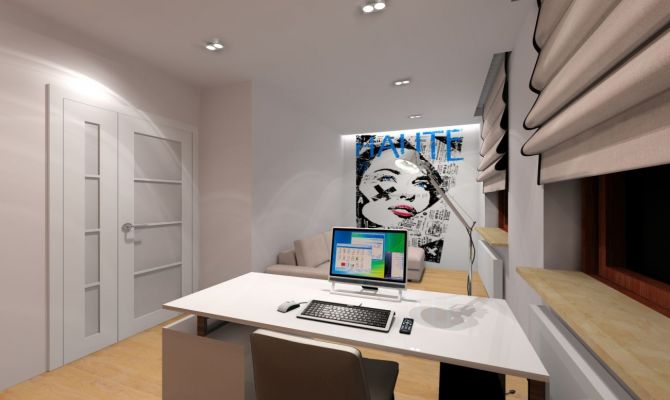 Projekt gabinetu z fototapetą.