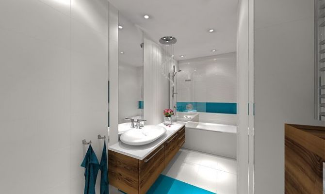 Projekt jasnej łazienki z zastosowaniem mocniejszego koloru