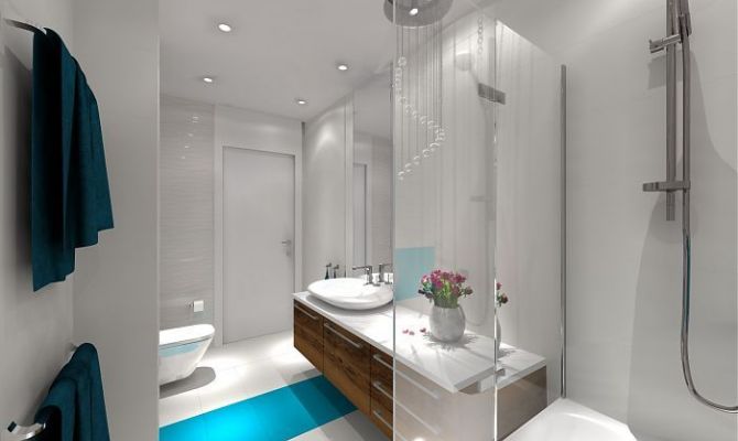 Na podłodze umieszczono pas z turkusowych płytek