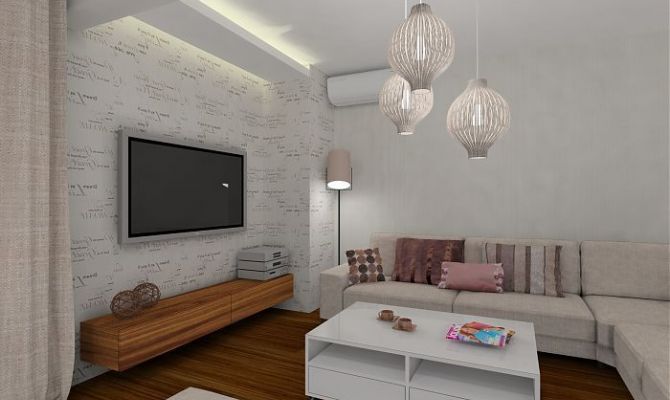 Projekt przytulnego apartamentu z dodatkiem naturalnego kamienia oraz szklaną przesłoną oddzielającą salon od holu. Na filarze dekoracyjny 