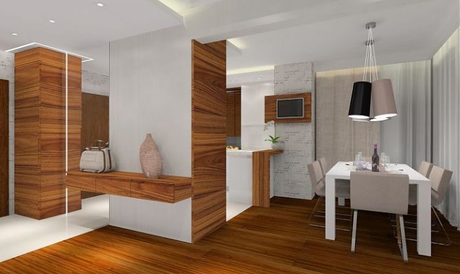 Projekt przytulnego apartamentu z dodatkiem naturalnego kamienia oraz szklaną przesłoną oddzielającą salon od holu. Na filarze dekoracyjny 