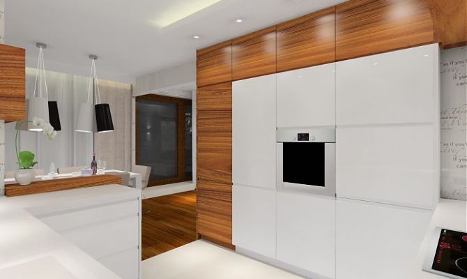 Projekt przytulnego apartamentu z dodatkiem naturalnego kamienia oraz szklaną przesłoną oddzielającą salon od holu. Na filarze dekoracyjny 