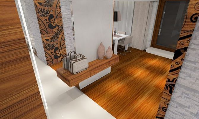 Projekt przytulnego apartamentu z dodatkiem naturalnego kamienia oraz szklaną przesłoną oddzielającą salon od holu. Na filarze dekoracyjny 