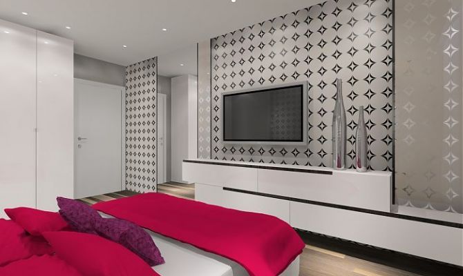 Sypialnia z graficzną tapetą