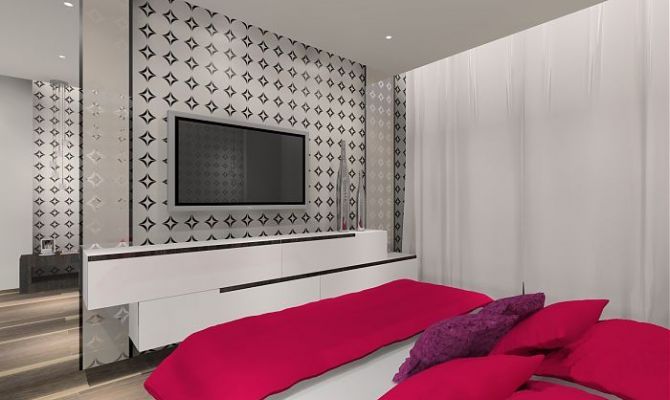 Sypialnia z graficzną tapetą